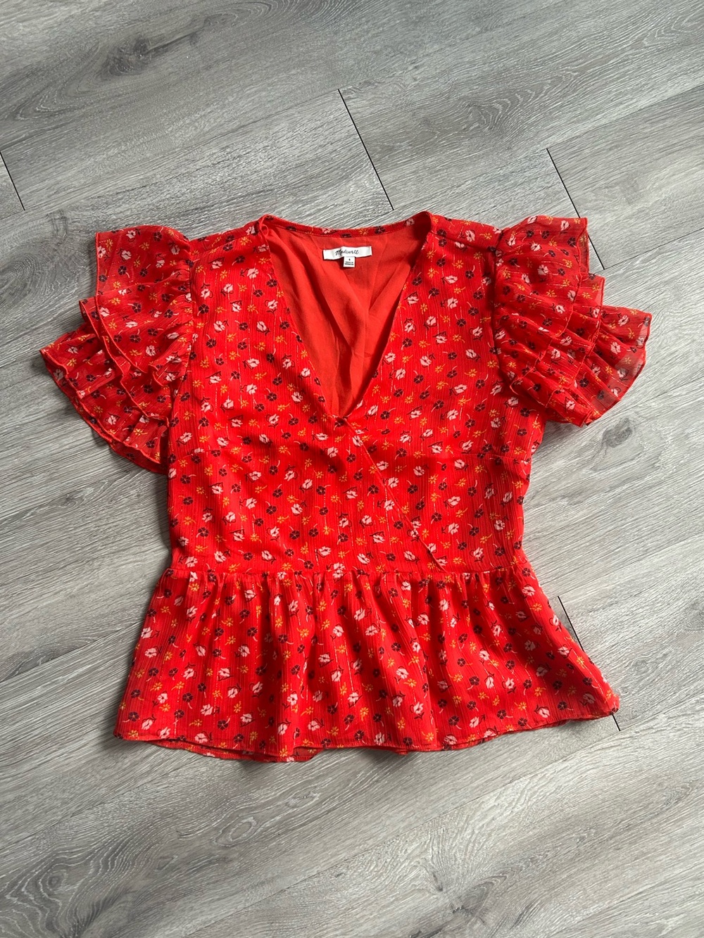Madewell Red Floral Blouse With Ruffle Sleeve 4